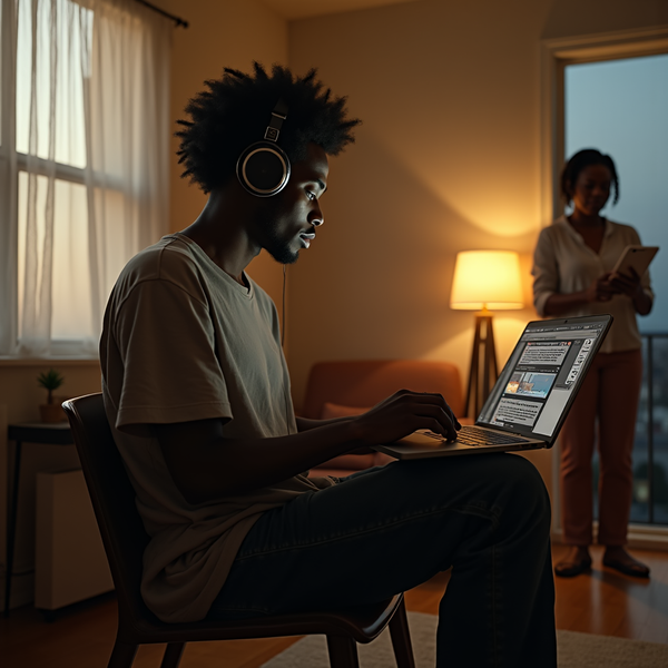 A man with headphones sits on a chair, using a laptop, while a woman stands nearby holding a tablet.