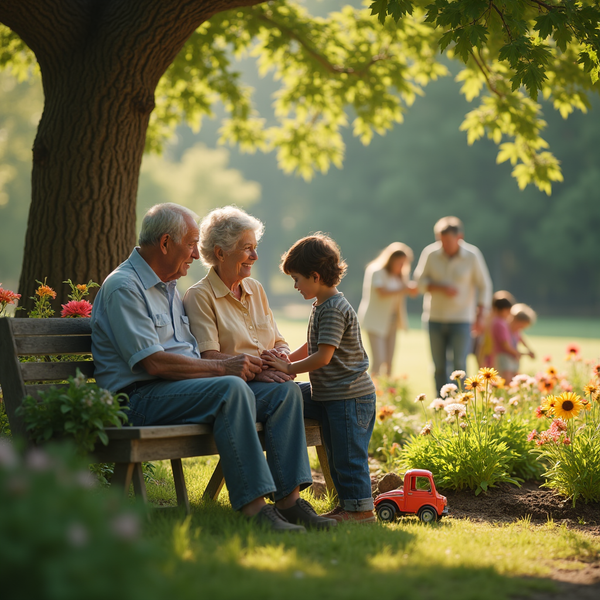 An elderly couple sits on a bench with a young boy, enjoying a sunny day in a park with other people in the background.