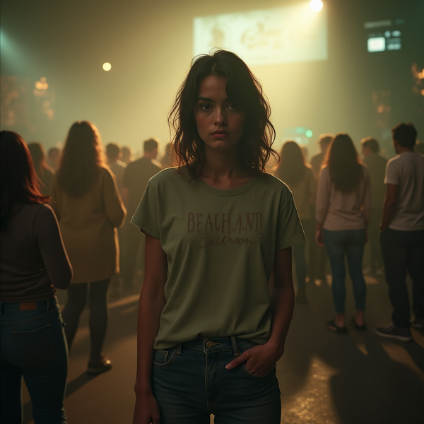 A young woman with curly hair stands facing the camera in a crowded, dimly lit room with "Beachland Ballroom" on her shirt.