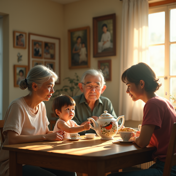 A multigenerational family shares tea around a wooden table in a sunlit room filled with framed portraits.
