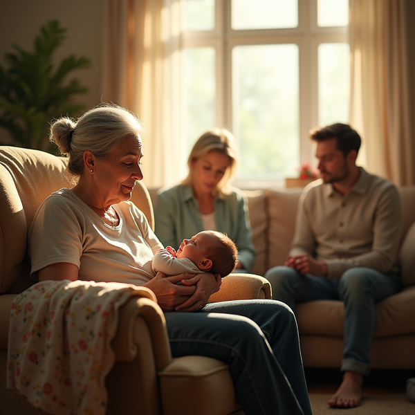 An elderly woman cradles a baby on a sofa, with a young couple seated nearby in a sunlit room.