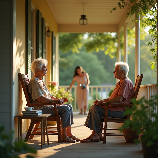 Two elderly women sit on rocking chairs on a porch, while a younger woman walks past in a dress.