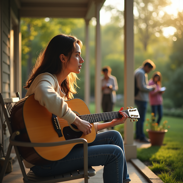 A young woman plays guitar on a porch while others gather in the background bathed in warm sunlight.