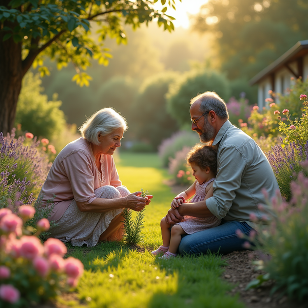 A multigenerational family enjoys a sunny moment in a flower-filled garden, bathed in golden light.