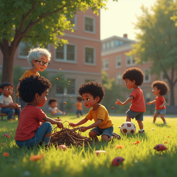 Children play on a grassy field with an elderly teacher and a school building in the background.