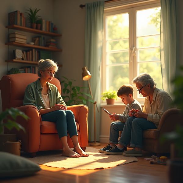 Three generations sit in a warmly lit living room; a grandmother and grandson share a tablet while a woman looks on.