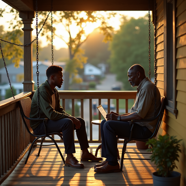 Two men converse on a porch, bathed in golden sunlight and framed by a hanging swing.