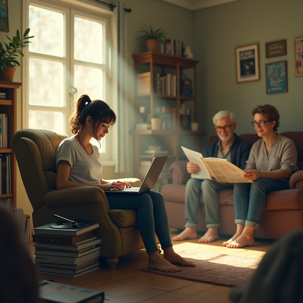 A young woman uses a laptop in a cozy living room, while an older couple sits nearby reading.