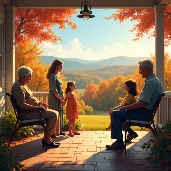 A multigenerational family enjoys a fall view from a porch, bathed in warm sunlight.