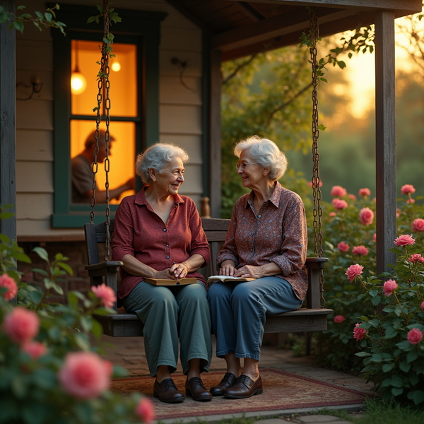 Two elderly women with silver hair laugh on a porch swing, reading books in the golden light.