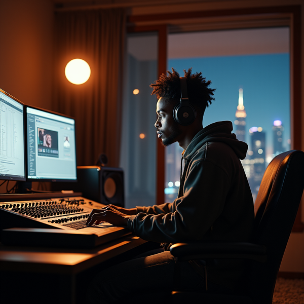 A man with headphones sits at a desk, editing video on two monitors with a city skyline in the background.