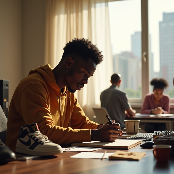 A young man in a yellow hoodie writes in a notebook, with others studying in the background.