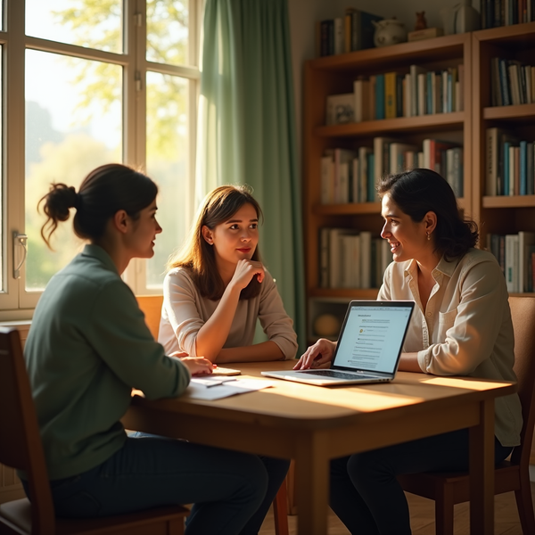 Three women sit around a wooden table with a laptop and papers in a sunlit room filled with bookshelves.