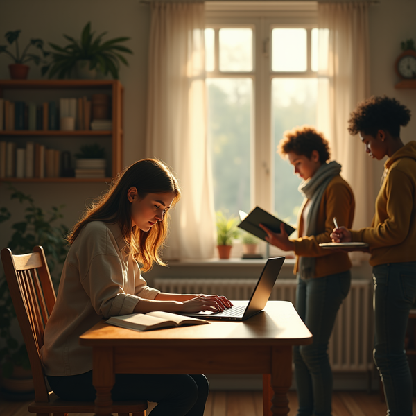 Three students work at a wooden table bathed in warm light from a nearby window.