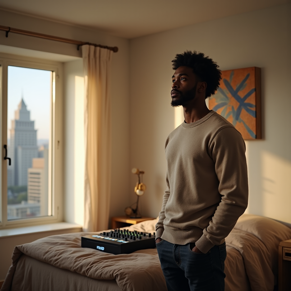 A man stands in a sunlit bedroom looking out a window at a city skyline, with music equipment nearby.