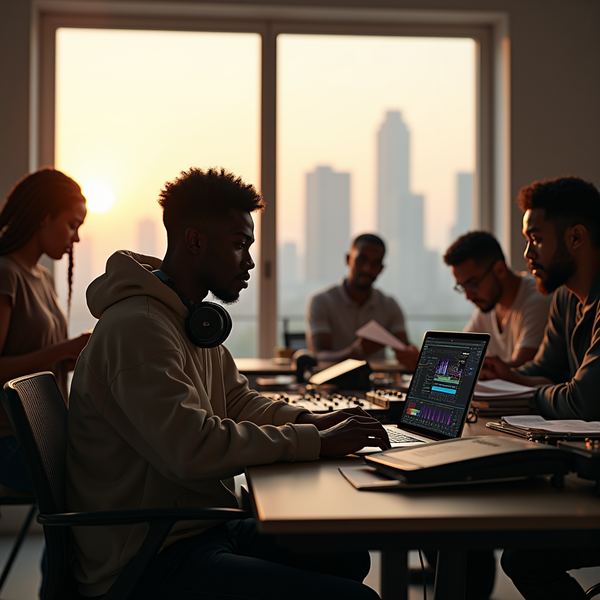 A group of young adults collaborates around a table with a laptop displaying audio editing software, a cityscape visible through large windows.