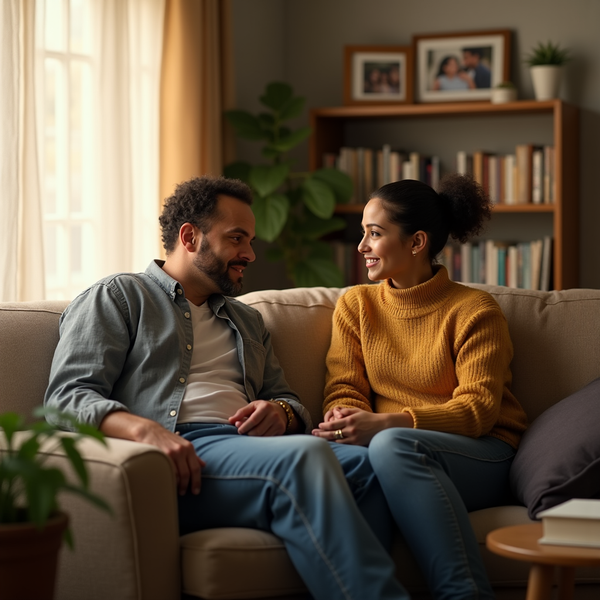 Two people sit on a comfortable couch, smiling and engaged in conversation in a warmly lit living room.