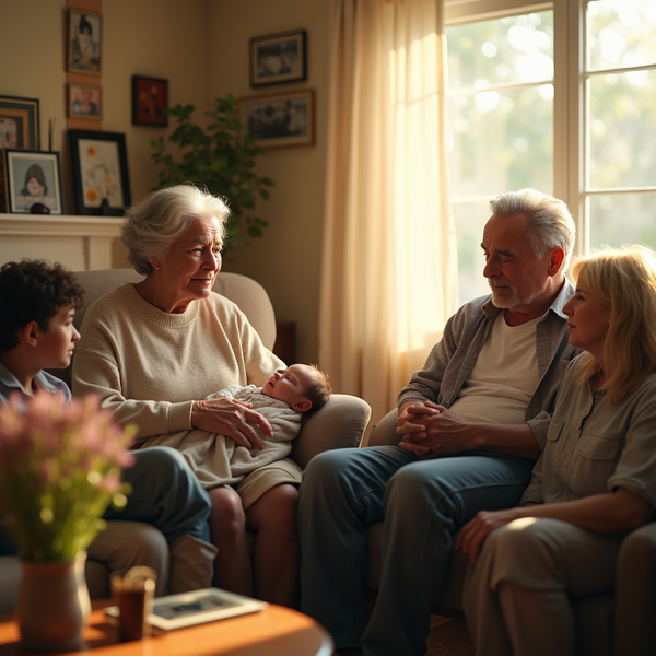 An elderly couple sits on a couch with their family, including a baby, bathed in warm sunlight.
