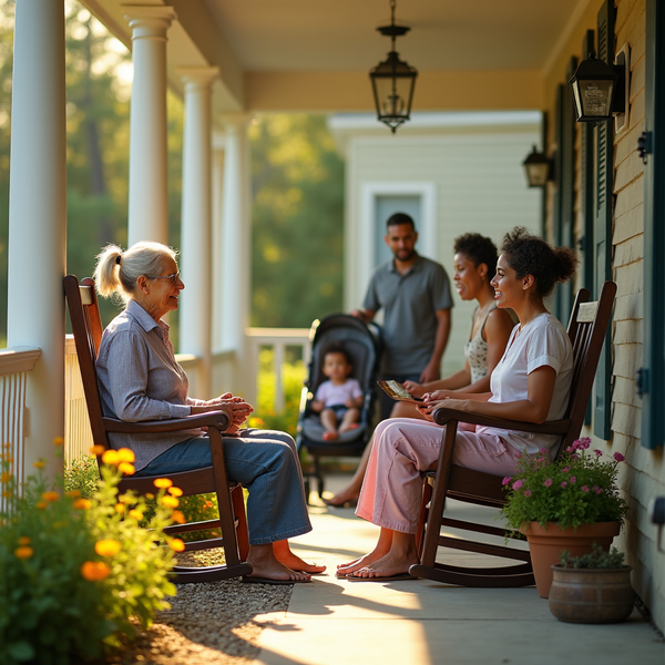 An elderly woman and young woman chat on rocking chairs on a porch with a family in the background.