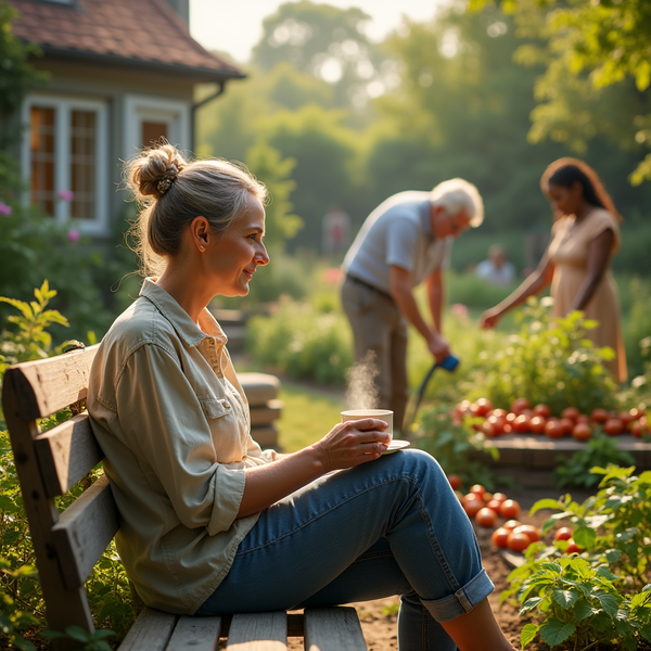 A woman sits on a wooden bench with a mug, while two people tend a garden with tomato plants in the background.