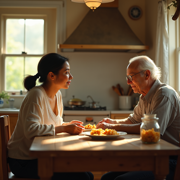 An older man and younger woman share a tender moment across a wooden table with food.