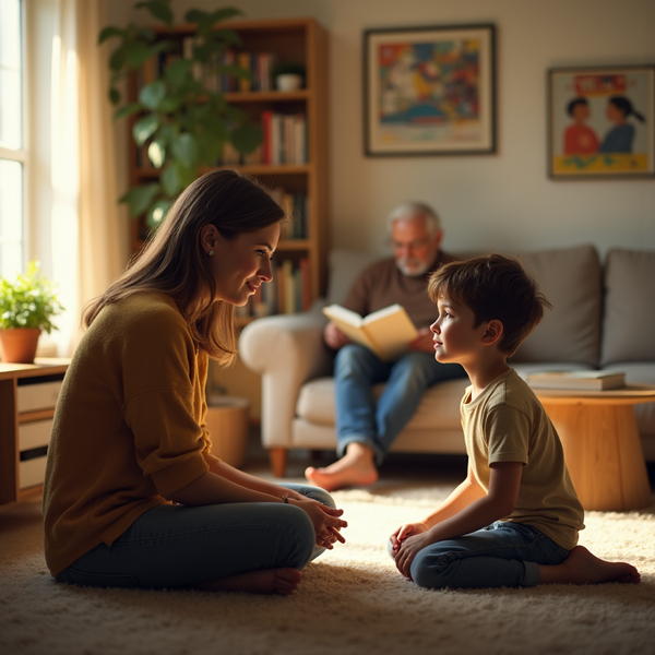 A woman and young boy sit cross-legged, talking, while an elderly man reads in the background.