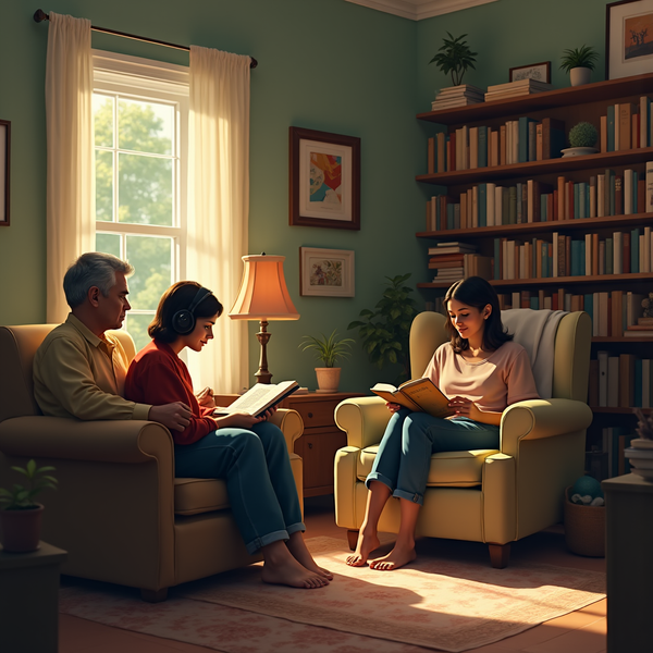 Two people relax in armchairs, reading, bathed in warm light from a window and lamp.