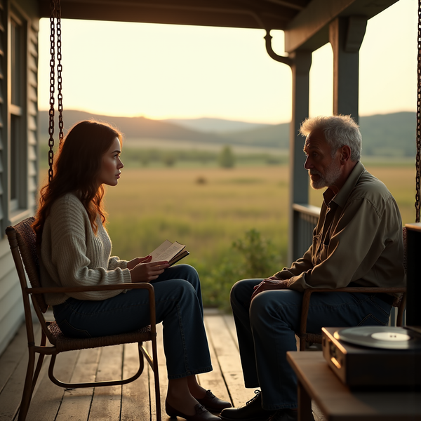 A young woman and older man sit on a porch, engaged in conversation as the sun sets over a grassy field.