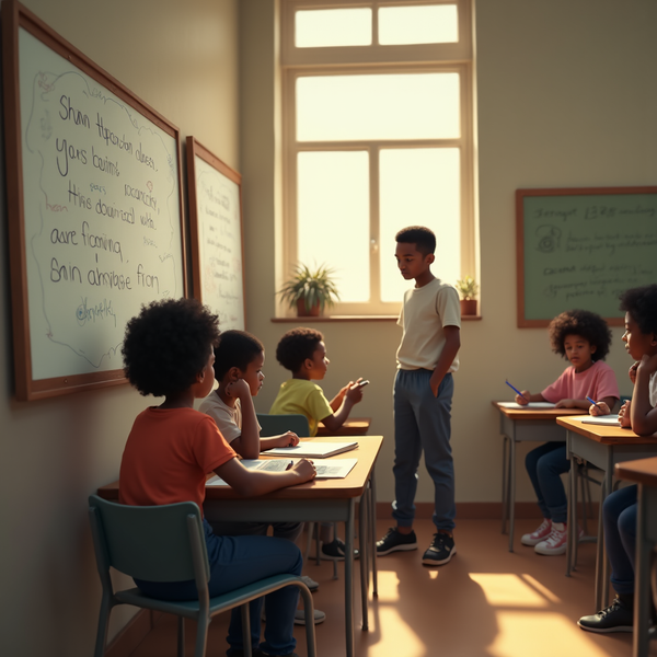 Several children sit at desks in a sunlit classroom as one boy stands and speaks.
