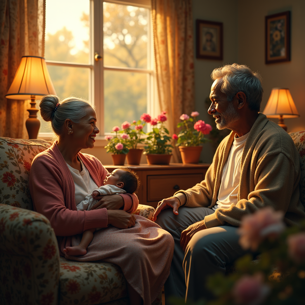 An elderly couple smiles warmly at each other while an infant sleeps nestled in the grandmother’s arms.