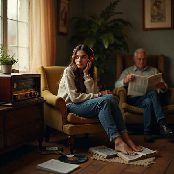 A young woman in headphones sits in an armchair, while an older man reads a newspaper nearby.
