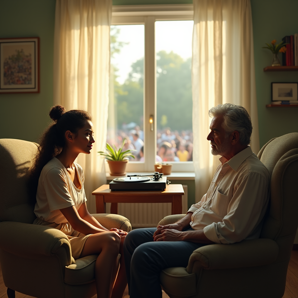 A young woman and an older man sit facing each other, bathed in warm light from a window overlooking a crowd.