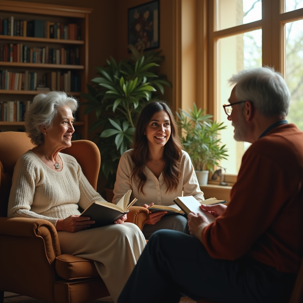 Three people smile and read books together in a cozy room with large windows and bookshelves.