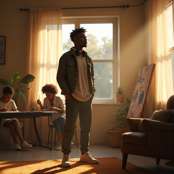 A young man in casual clothing stands in a sunlit room where two children are creating art.