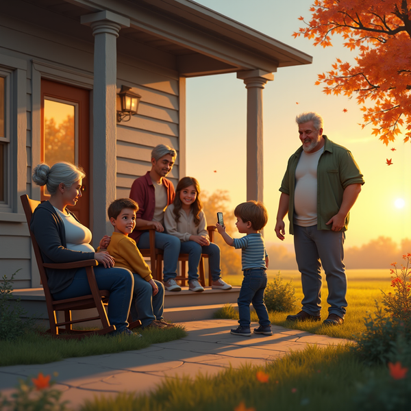 A multigenerational family gathers on a porch during a golden sunset, one toddler showing another something on a smartphone.