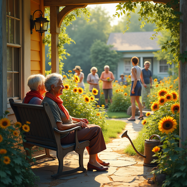 Two elderly women sit on a bench, overlooking a garden filled with sunflowers and several people.