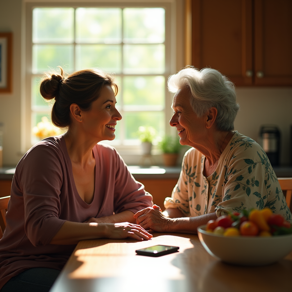 Two women sit across from each other at a table, smiling and holding hands in a sunlit kitchen.