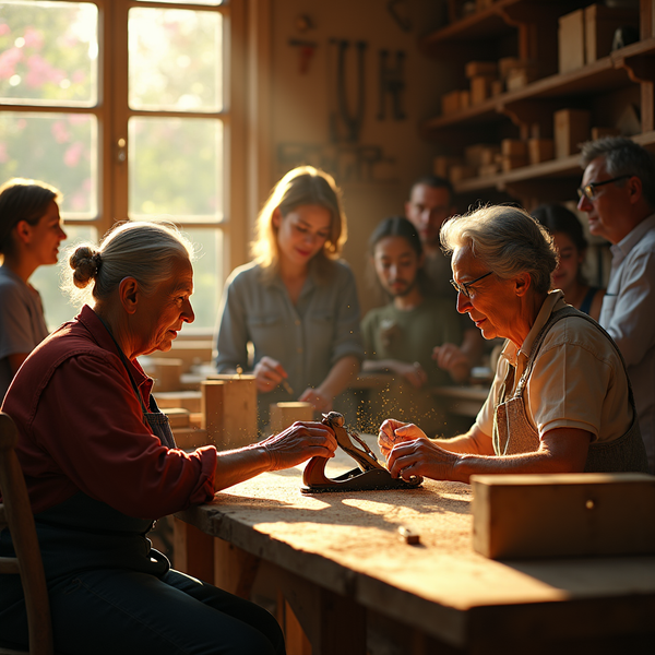 Two older adults work on leather projects while students observe in a sunlit workshop.