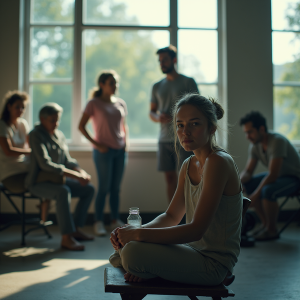 A young woman sits cross-legged on a bench, facing a group of people in a bright room with large windows.