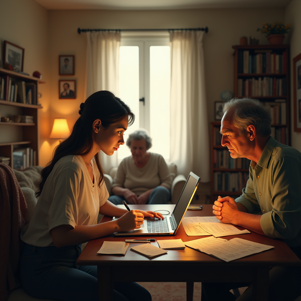 Three people sit around a table with a laptop and papers in a warmly lit living room.