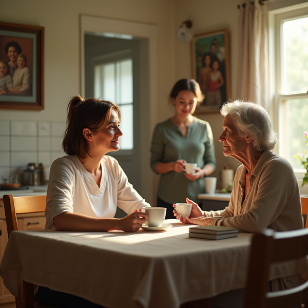 Two women sit at a table with cups, while another stands nearby in a sunlit kitchen.