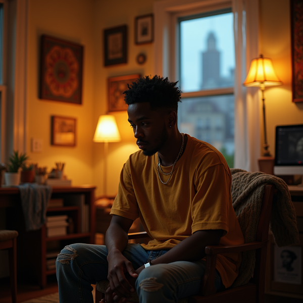 A young man with a textured haircut sits in a chair in a warmly lit room with artwork on the walls.