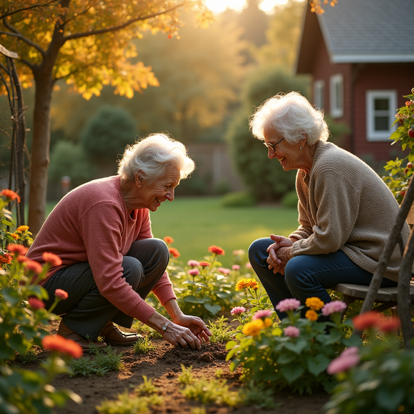 Two elderly women smile while gardening in a vibrant, sun-drenched flowerbed.