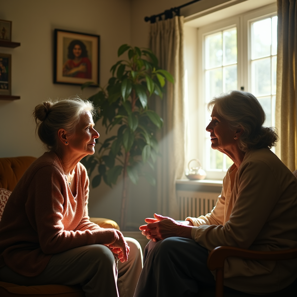 Two older women with silver hair sit facing each other in a warmly lit room, sunlight streaming through a window.