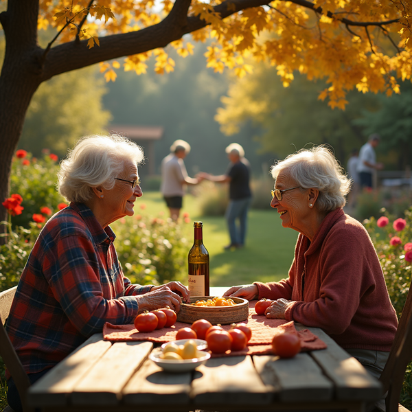 Two elderly women with white hair and glasses smile at each other at a table with fruit and wine.