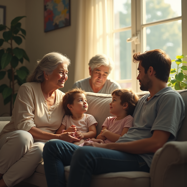 A multigenerational family sits on a sofa bathed in warm sunlight, sharing a moment of connection.