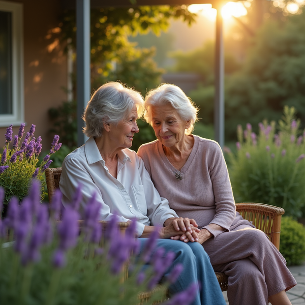 Two elderly women with silver hair sit on a wicker chair, holding hands and smiling at each other in a sunlit garden.