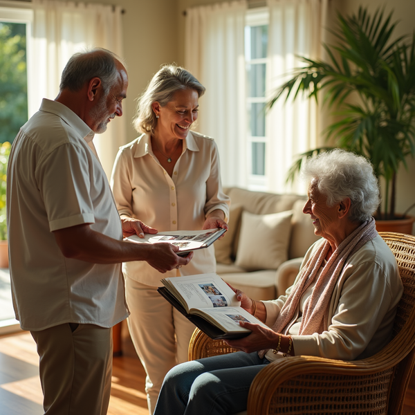 Three people view photo albums together in a sunlit room, smiling and appearing joyful.