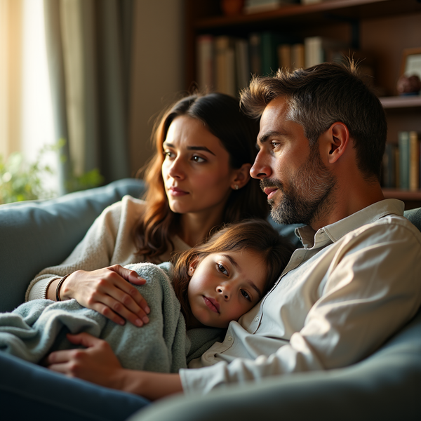 A family of three is nestled on a sofa, looking intently at something unseen with concerned expressions.