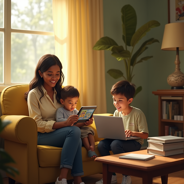 A woman and two young boys share a cozy moment on a yellow couch, reading and laughing together.